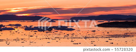 Arctic nature landscape with icebergs in Greenland icefjord - aerial drone image Arctic nature landscape with icebergs in Greenland icefjord - aerial drone image 55728320