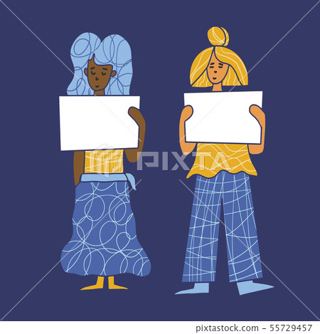 Group of young woman holding banners blanks. Group of young woman holding banners blanks. 55729457