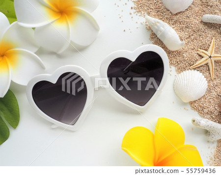 Summer beach image (sunglasses, sand, shells, starfish, coral) 55759436