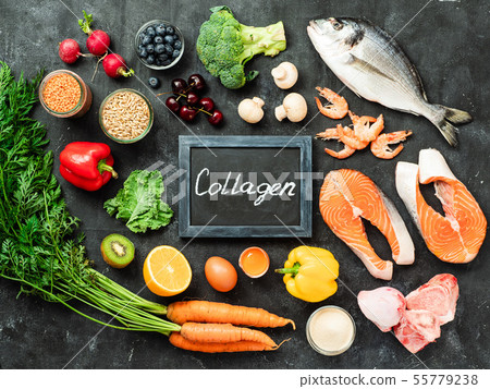 Collagen in food concept, top view Collagen in food concept, top view 55779238