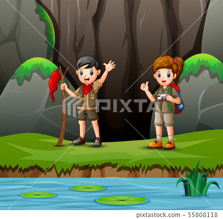Cartoon of scout boy and girl exploring nature - Stock Illustration ...