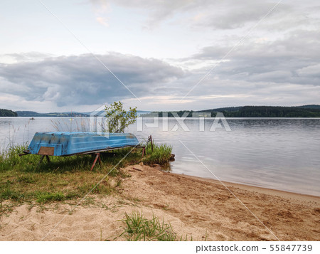 Fishing rowing boat stacked on steel racks at big 55847739