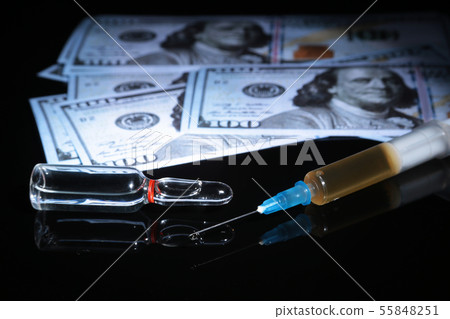 drug trafficking, crime, addiction and sale concept - closeup of with drugs and money. 55848251