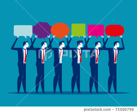 Young business holding up thought bubbles. Concept Young business holding up thought bubbles. Concept 55880799