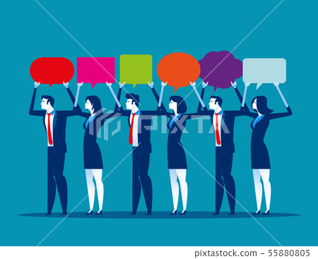 Young business holding up thought bubbles. Concept Young business holding up thought bubbles. Concept 55880805