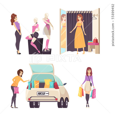 Female Looking at Clothes on Mannequins Set Vector Female Looking at Clothes on Mannequins Set Vector 55899492