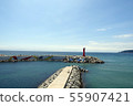 South Korea, Whale Fire Beach in Yeongdeok, Blue Sky and Sea, Red Lighthouse on Breakwater 55907421