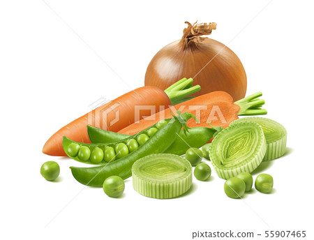 Onion, carrot, leek and green peas in pods Onion, carrot, leek and green peas in pods 55907465