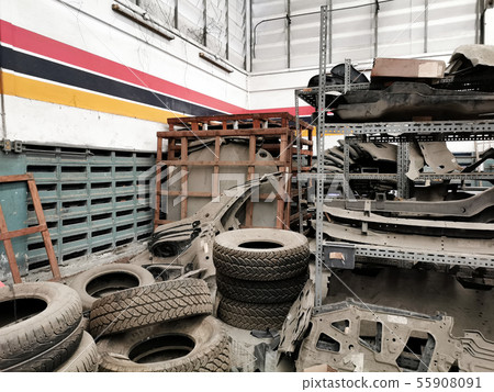 Old car repair warehouse with many car parts Old car repair warehouse with many car parts 55908091