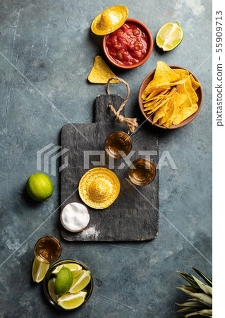 Mexican food and tequila shots, flat lay 55909713