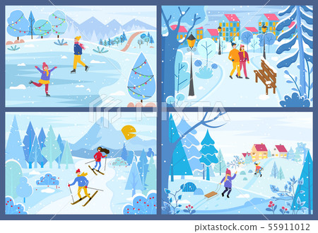 Winter Christmas Holidays of People in Parks Set Winter Christmas Holidays of People in Parks Set 55911012