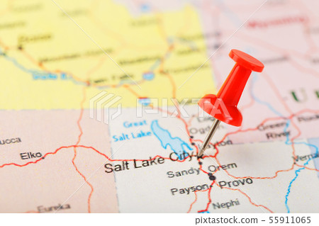 Red clerical needle on a map of USA, Utah and the Red clerical needle on a map of USA, Utah and the 55911065