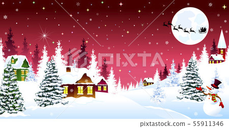Christmas winter night over a snow-covered village Christmas winter night over a snow-covered village 55911346