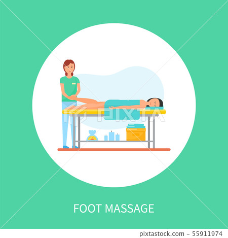 Foot Massage Session on Table Cartoon Poster Foot Massage Session on Table Cartoon Poster 55911974