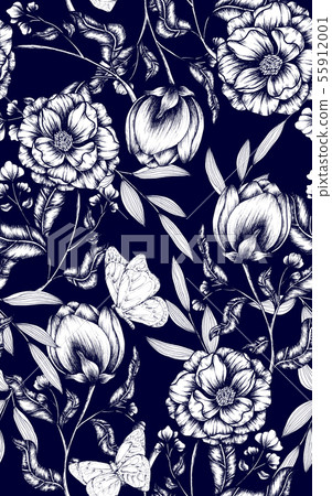 Flower Hand drawn Seamless Pattern Vintage Style - Stock Illustration ...