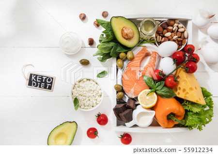 Ketogenic low carbs diet - food selection on white background 55912234