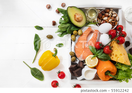 Ketogenic low carbs diet - food selection on white background 55912242