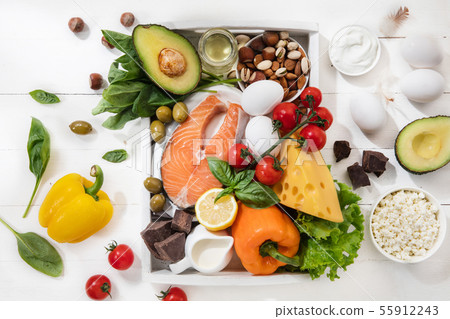 Ketogenic low carbs diet - food selection on white background 55912243