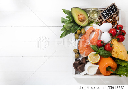 Ketogenic low carbs diet - food selection on white background 55912281