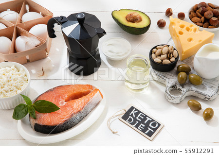 Ketogenic low carbs diet - food selection on white background Ketogenic low carbs diet - food selection on white background 55912291