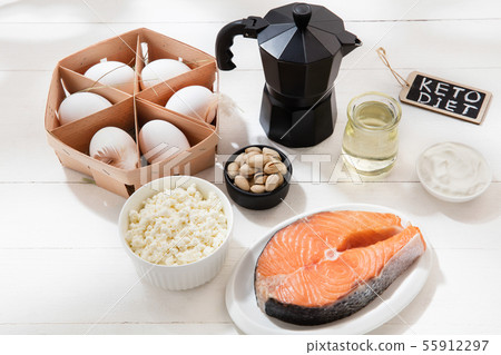 Ketogenic low carbs diet - food selection on white background 55912297