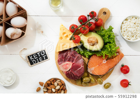 Ketogenic low carbs diet - food selection on white background 55912298
