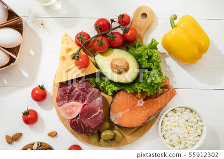 Ketogenic low carbs diet - food selection on white background Ketogenic low carbs diet - food selection on white background 55912302