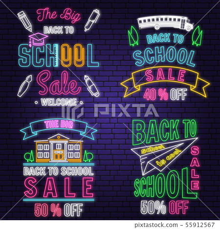 Set Of Back To School Sale Neon Design Emblem Stock Illustration