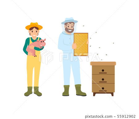 Beekeeper and Woman with Pig Vector Illustration Beekeeper and Woman with Pig Vector Illustration 55912902