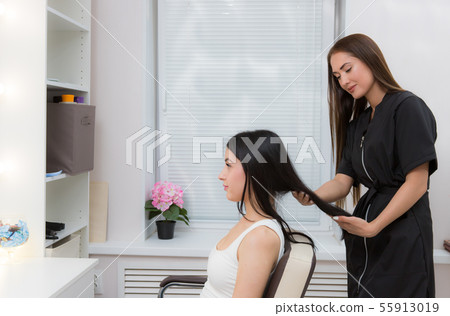 hairdresser examines client's hair hairdresser examines client's hair 55913019