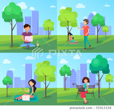 Men Women with Gadgets Sitting in Free Wi-Fi Zone 55913338