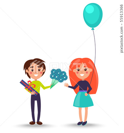 Little Boy greet Girl with Flowers and Present 55913366