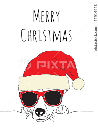 Merry Christmas and Dog wearing Santa hat and sunglasses. Vector Illustration. Cute animal holiday Merry Christmas and Dog wearing Santa hat and sunglasses. Vector Illustration. Cute animal holiday 55914428