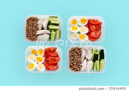Chicken breast and vegetables in containers. Flat lay 55914493