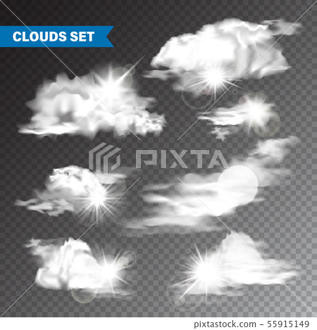Realistic Clouds With Sun Collection. Isolated Cloud on Transparent Background. Sky Panorama With Realistic Clouds With Sun Collection. Isolated Cloud on Transparent Background. Sky Panorama With 55915149