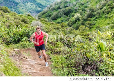 Trail runner running in mountain nature landscape Trail runner running in mountain nature landscape 55917168