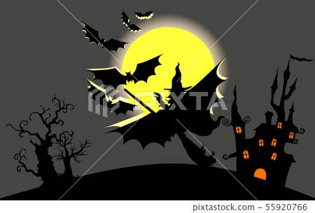 dark castle and witch in front of full moon dark castle and witch in front of full moon 55920766