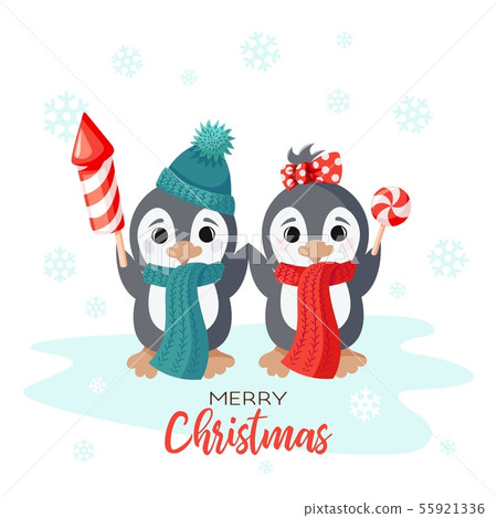Winter Holiday vector christmas card with smiling cute penguins kids Winter Holiday vector christmas card with smiling cute penguins kids 55921336