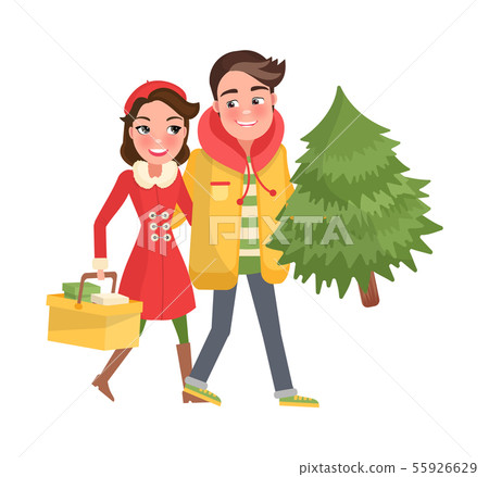 Merry Couple Returns from Shopping, Christmas Tree 55926629
