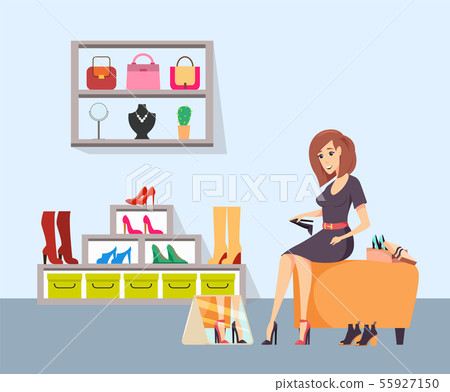Female Shopaholic Trying on Shoes at Store Vector Female Shopaholic Trying on Shoes at Store Vector 55927150