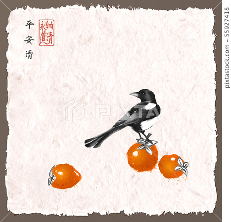 Magpie bird sitting on date plum fruits. Traditional oriental ink painting sumi-e, u-sin, go-hua on Magpie bird sitting on date plum fruits. Traditional oriental ink painting sumi-e, u-sin, go-hua on 55927418