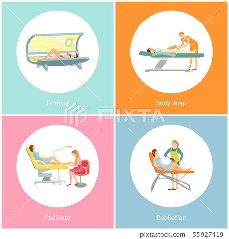 Tanning and Body Wrap Wrapping in Salon Set Vector Tanning and Body Wrap Wrapping in Salon Set Vector 55927419