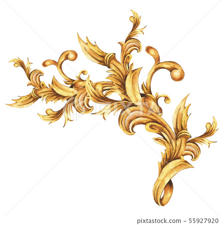 Watercolor golden baroque floral curl, rococo 55927920