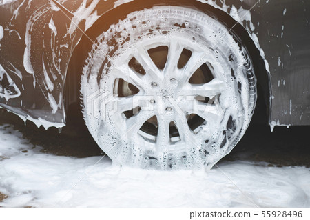 Outdoor car wash with foam soap. Outdoor car wash with foam soap. 55928496