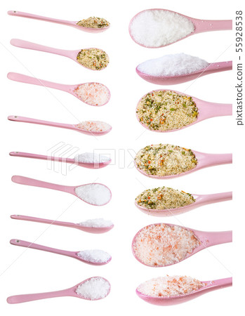 set from pink ceramic spoon with various salts 55928538