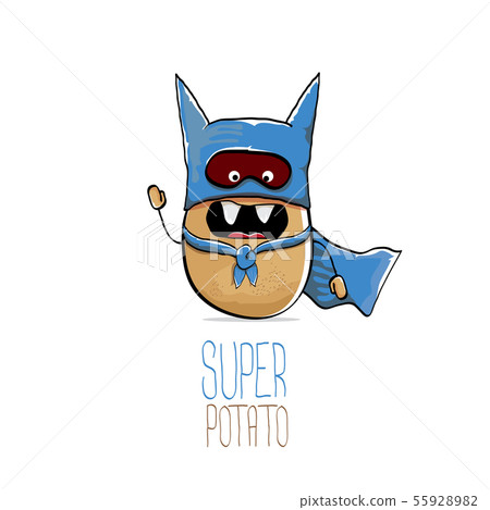 vector funny cartoon cute brown super hero potato with blue hero cape and hero mask isolated on 55928982