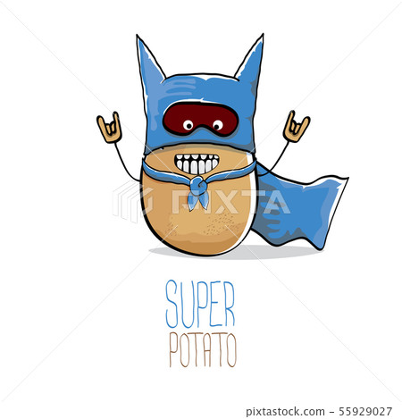 vector funny cartoon cute brown super hero potato with blue hero cape and hero mask isolated on 55929027
