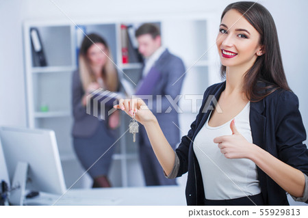 Meeting with agent in office, buying renting apartment or house, buyers of real estate ready to Meeting with agent in office, buying renting apartment or house, buyers of real estate ready to 55929813