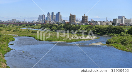 Views of the Kawasaki cityscape in Japan from the Futakotamagawa to the Tama River and Musashi Kosugi tower apartments 55930403