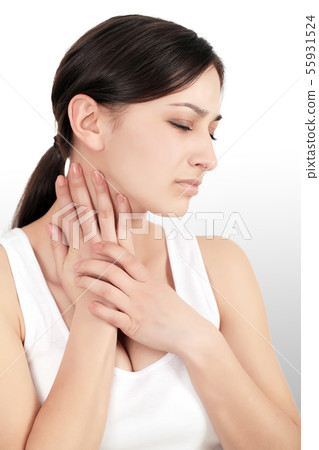 Neck Pain. Beautiful Woman Having Pain In Neck, Painful Feeling 55931524